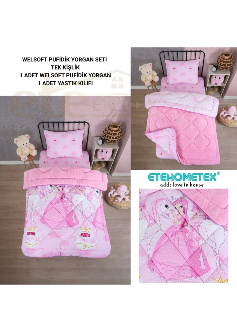 ETE HOMETEX TEK KİŞİLİK LÜX WELSOFT YORGAN SETİ PRENSES PEMBE 155X215CM 8696474231856
